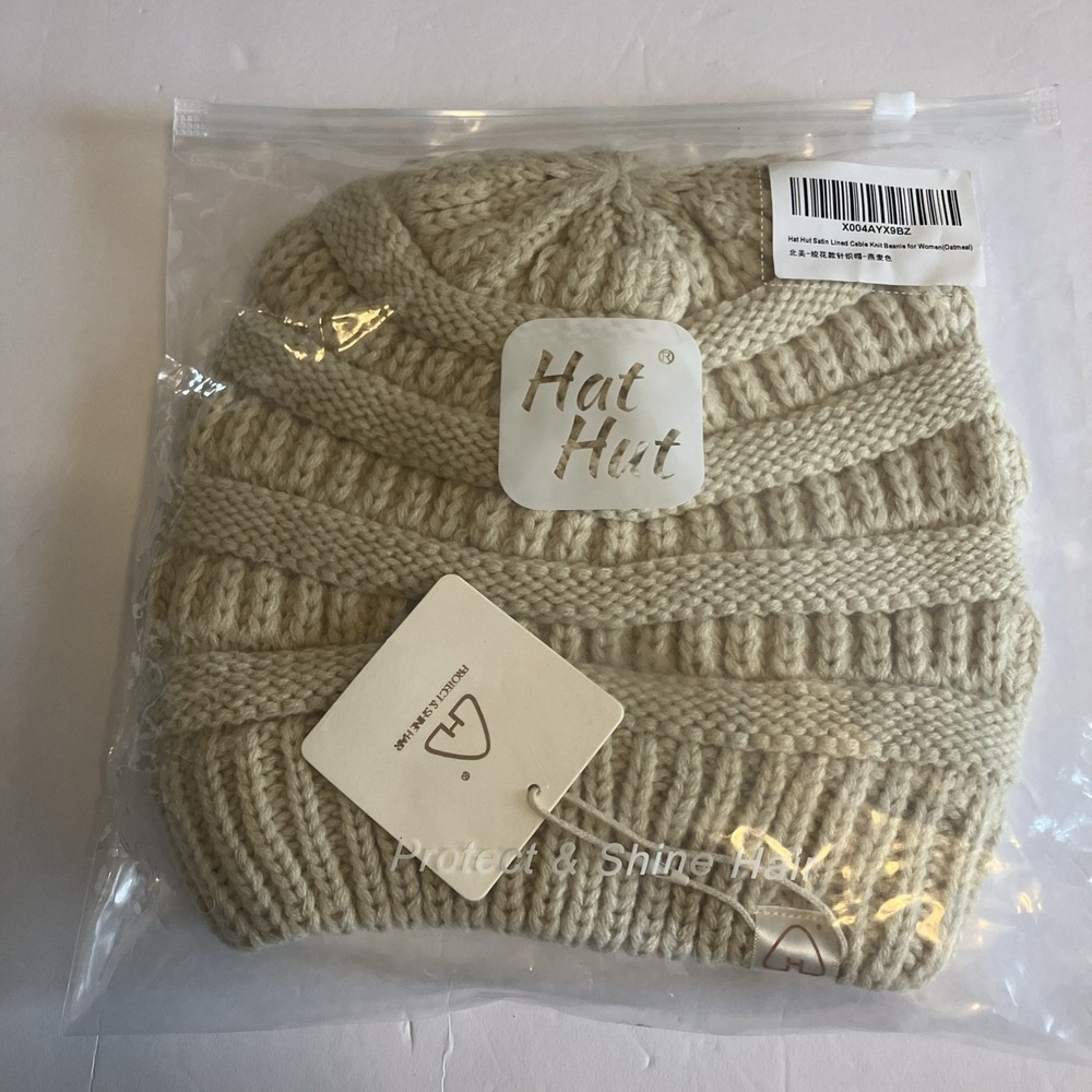 Hat Hut Satin Lined Beanie Womens OS Oatmeal New Cable Knit Silk Lined Hat